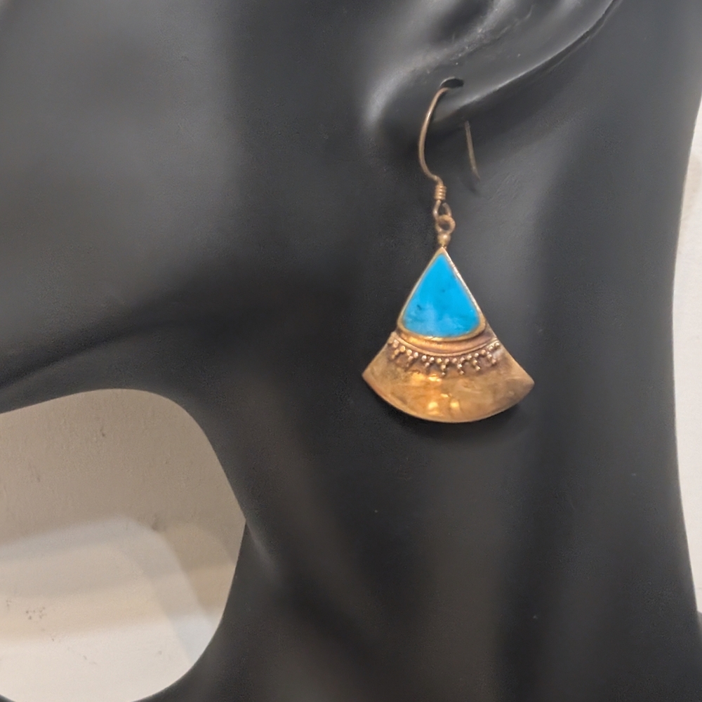 Vintage Brass and Turquoise Tribal Afghan Berber Pierced Earrings - Picture 2 of 4
